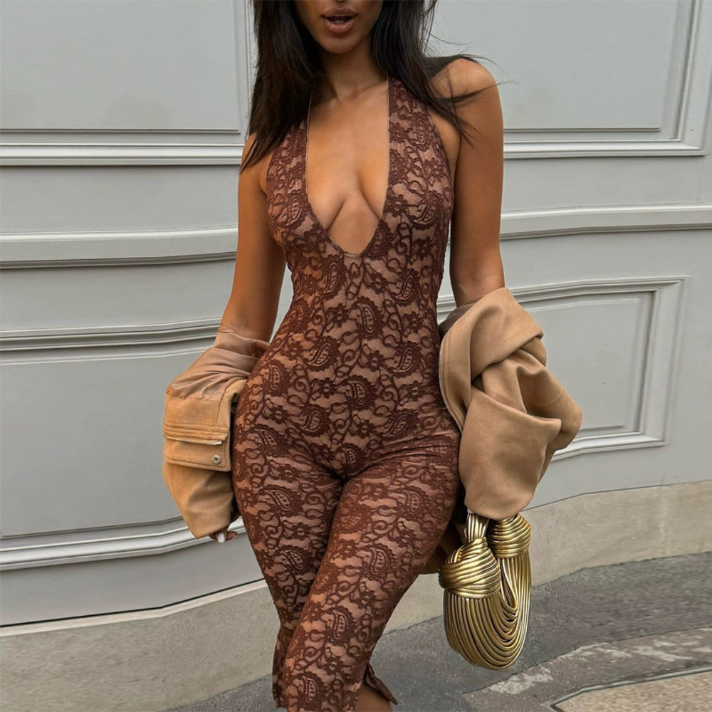 Forever 21 Lace Trim Halter Neck Backless Bodycon Jumpsuit